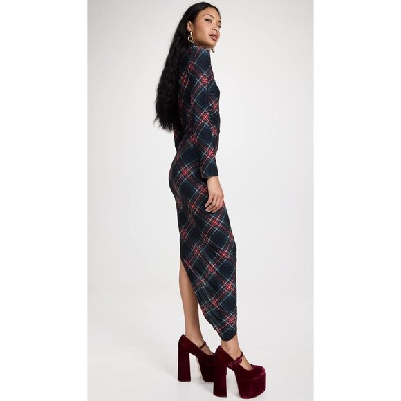 Norma Kamali Dresses & Skirts - Norma Kamali Black Tartan Plaid Long Sleeve Turtle Neck Side Drape Gown
